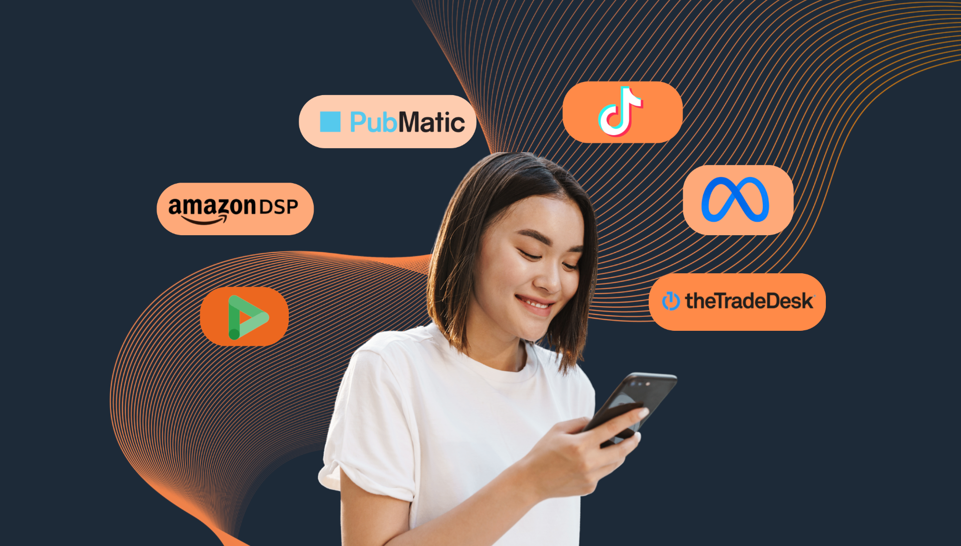 Woman on phone surrounded by DSP and platform logos